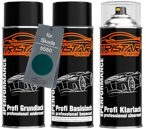 TRISTARcolor Autolack Spraydosen Set für Skoda 5550 Petrol Green/Petrolgrün Grundlack Basislack Klarlack Sprühdose 400ml