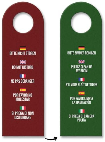 Hotel Türhänger Bitte nicht stören - Bitte Zimmer reinigen in verschiedenen Sprachen Dunkelrot und Dunkelgrün Deutsch Englisch Französisch Spanisch Italienisch Zimmerservice