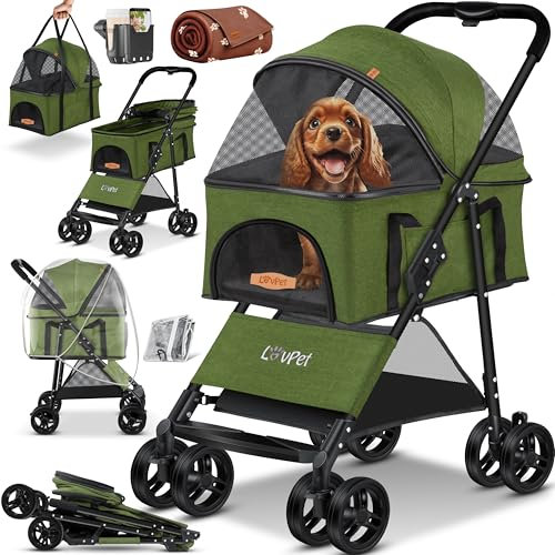 LOVPET® Poussette 2en1 pour Chien et Chiots - Caisse et Sac de Transport Pliable jusqu'à 20 kg - Avec Fenêtres, Kaki