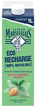 Le Petit Marseillais - Recharge Crème de Douche Extra Douce Amande Douce (brique de 1 L) – Recharge gel douche avec 92 % d'ingrédients d'origine naturelle – pH neutre pour la peau et sans colorant