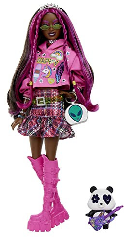 Barbie Doll with Pet Panda, Barbie Extra, Kids Toys, Clothes and Accessories, Pink-Streaked Brunette Hair, Graphic Hoodie and Plaid Skirt, HKP93