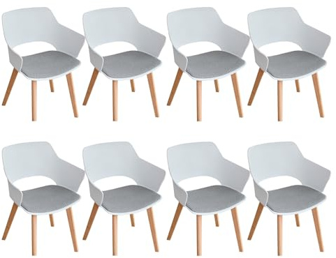 GrandCA HOME 8er-Set Nordischen Küchenstühlen, Esszimmerstuhl mit Massivholzbeinen, Gepolsterte Stühle für Schlafzimmer, Wohnzimmer, Küche,Weiß