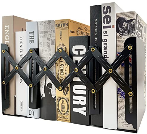 KIROYAL Adjustable Bookends Non Skid Decorative Bookends,Metal Bookend for Heavy Books,Bookshelf Organizer Holder for Books and Magazines for Desk(Black)