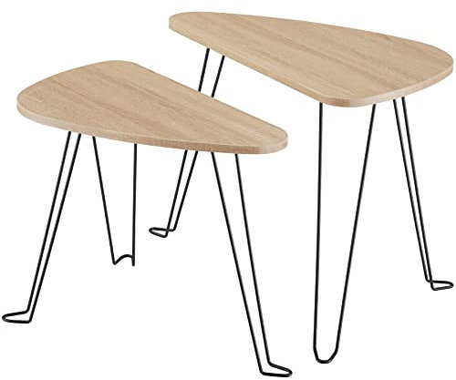 tectake Beistelltisch 2er-Set, dreiseitiger Couchtisch in 2 Größen, Industrie-Stil, Holz Satztische platzsparend untereinander verstaubar, schwarzes Metallgestell (Industrial Holz hell, Eiche Sonoma)