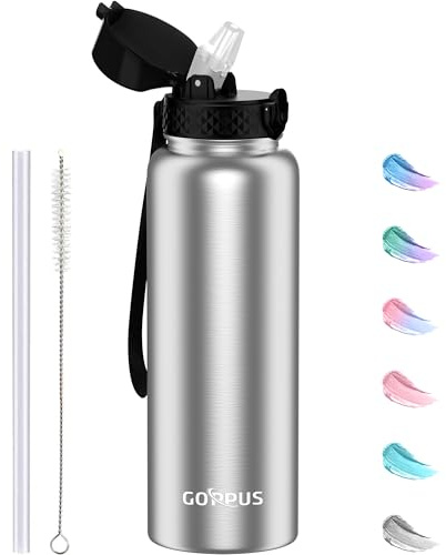 GOPPUS 1.2L/40oz Botella Agua Acero Inoxidable con Pajita 1.2 Litros Termo Agua Caliente Fría Botellas Agua Acero Doble pared Aisladas a Prueba Fugas Botella Bebida con Tapa Abatible para Adultos