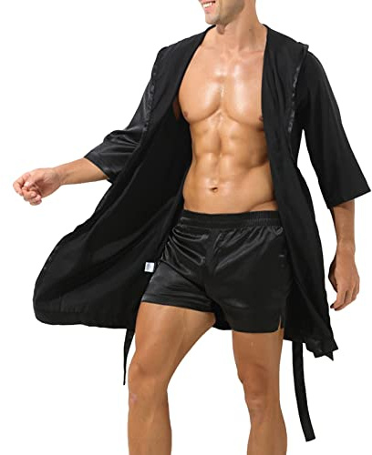 Caxndycing Pyjama court pour homme - Peignoir de bain avec ceinture - Sexy - Pour homme - Érotique - Peignoir léger avec short - Confortable
