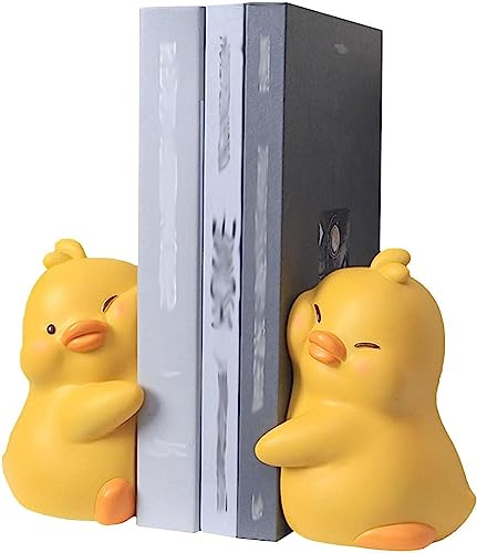 Eivdru Sujetalibros de patos de dibujos animados, sujetalibros lindos patos abrazando sujetalibros de resina para libros, tope para estanterías para estudiantes, libros de texto (amarillo)
