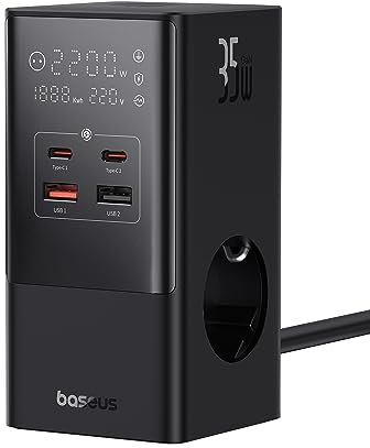 Baseus GaN5 - Stazione di ricarica da 35 W, 3 prese con interruttore, 3 AC + 2 USB-C + 2 USB-A, caricatore portatile PD per MacBook, iPad, iPhone 15/14/13/12, Galaxy, la casa e l’ufficio