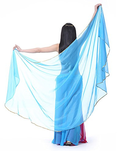 XChangeFun Semicircle Chiffon Hand Scarf Belly Dance Costume Outfit Hip Scarf Sequin Trim Gold Shawls Veils (Lake Blue)
