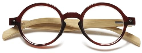 Lanomi Gafas de lectura retro redondas para hombre y mujer, ayuda de lectura, pequeña, vintage, con patillas de madera, sin filtro de luz azul, gafas con intensidad visual