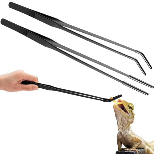 Lasnten 2 Pcs Extra Long Stainless Steel Reptile Feeding Tongs with Rubber Tip 15 Inch Bearded Dragon Aquarium Straight and Curved Long Tweezer Terrarium Feeder Tool for Tank(Black)