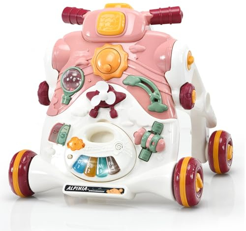 GYMAX 3-in-1 Carrello per l'Apprendimento a Camminare, Centro di Gioco, Aiuto per Camminare, Auto a Spinta, Tavolo da Gioco Rimovibile, con Luce e Musica, Regalo per 12-36 Mesi (Rosa)