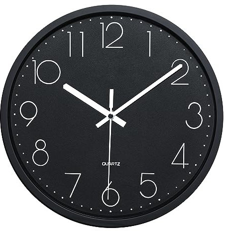 Plumeet Reloj de Pared Silencioso, Reloj de Cuarzo sin Tic-TAC con Batería de 25cm, Diseño Moderno Apto para Decorar Hogar Oficina Escuela, Negro