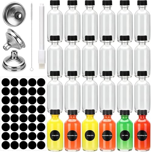 Petites Bouteilles en Verre 24pcs 60ml, Miniatures à remplir avec Bouchon | Bouteilles réutilisables en verre avec entonnoir, étiquettes et stylo, idéales pour vin, bière, whisky et boissons maison