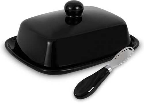 MEETOZ Ceramic Butter Dish with Lid, Large Rectangular Butter Dish, Vintage French Butter Holder for Counter, Kitchen Deco & Butter Storage (Black, Square)
