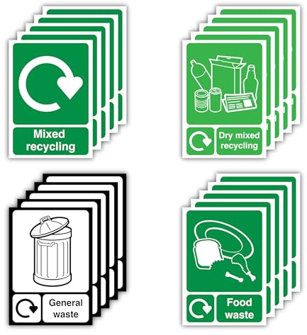 105mm x 148mm Set of 20 Recycle Bin Labels – 5 Mixed Recycling, 5 Dry Mixed Recycling, 5 General Waste, 5 Food Waste – Self Adhesive Polypropylene Glossy-Laminated Recycling Stickers for Home, Kitchen