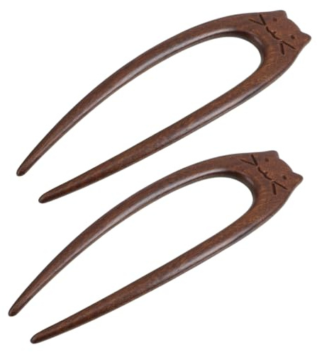 SHERCHPRY Horquilla De Sándalo Para El Pelo En Forma De U Con Cara De Gato Horquilla De Madera Para El Cabello Al Estilo Chino 2 Piezas 5.51X1.49X0.23in Para Moños Y Recogidos