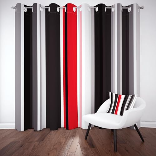 Streifen Muster Gardinen Blickdicht, Grau Weiß Rot Gestreift Vorhänge | 2er Set mit Ösen, Modern Geometrisch Thermovorhang 245x140 cm Verdunklungs Kälteschutz fur Wohnzimmer Schlafzimmer