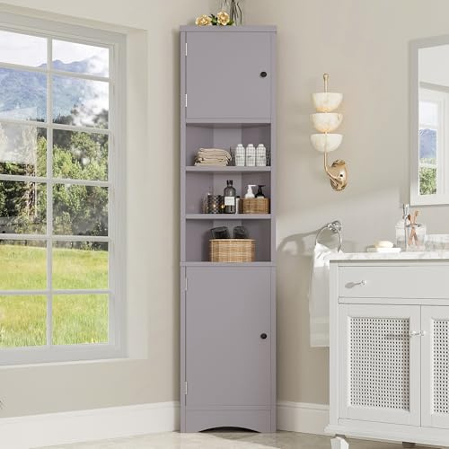 Merax Eckschrank Hochschrank, Dreieckiger Badezimmerschrank, feuchtigkeitsbeständiger Lack, DREI offene Ablagefächer, Doppeltüren, verstellbare Einlegeböden, Grau, 36.5 x 24.5 x 170cm
