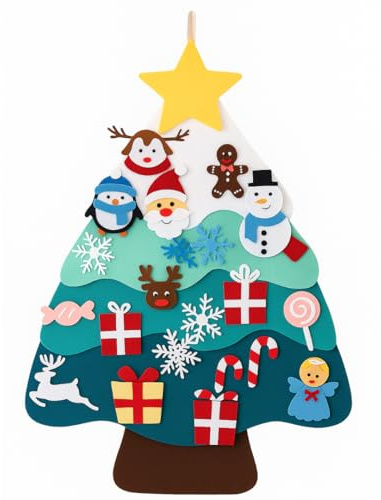 BUDYX. Blauer Filz Weihnachtsbaum für Kinder mit ihren Ornamenten Montessori pädagogische Weihnachtsdeko für Türen, Wände und Fenster Wiederverwendbares Familienspiel