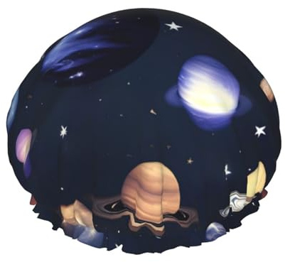 Bonnet de douche doux avec imprimé planètes, étoiles et voie lactée pour homme et femme - Chapeau léger et bonnet de bain pour cheveux