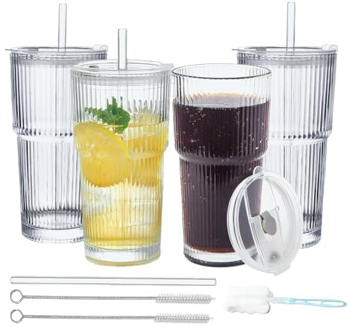 Kongming 4 Pack 600mL Iced Coffee Cup Set,Ribbed Glass Tumbler with Straw and Lid,Durable Leakproof Iced Latte Glass with Straw Brush and Cup Brush,Ideal for Cold Drinks,Smoothies,Cocktails & Matcha