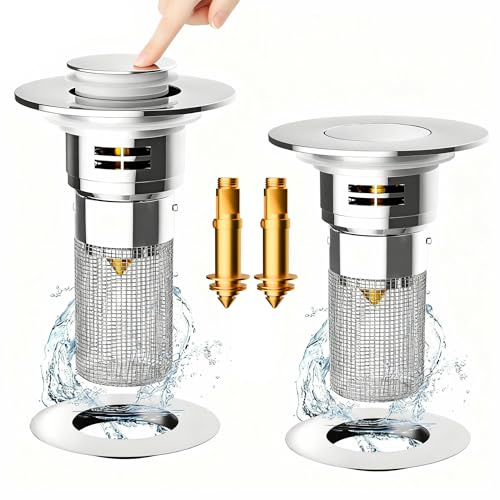 2PCS Pop Up waschbeckenstöpsel (28-38mm) | Waschbeckenstöpsel mit Haarsieb, Universal Pop-Up Ablaufstopfen mit Siebkorb, Rostfreier Messingkern Abflusssieb für Bad