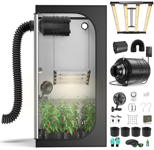 MINENICE Growzelt Komplettset mit M2400 LED Vollspektrum Grow Lampe 100x100x200cm Grow Tent 4 215 CFM 3000RPM Ruhiges und Effizientes Belüftungssatz, 4-Gang-Lüfter, Hydroponics Growing Tent Set