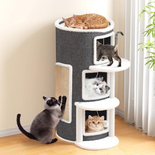 Bertifive Katzenhöhle Katzenfass, Katzenhaus mit Kratzbrett für Indoor-Katzen,Kratzbaum Klein mit Plattform, Höhle Katzenverstec Katzentonne Katzenbett Katzenmöbel mit Spielball (Grau, 40X50X90CM)