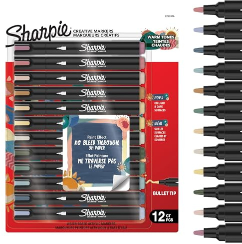 Sharpie Creative Marker Akrylfärgpennor | Vattenbaserade färgpennor | Blöder inte, skriver på de flesta ytor | Kulspetstipp | Hantverk och konstmaterial | Varma toner | 12 stycken
