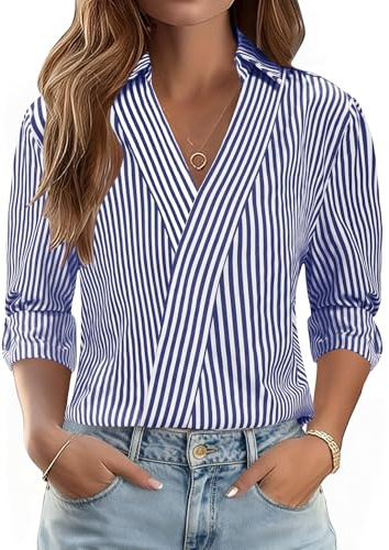 LOMON Striped Shirt Women 3/4 Sleeve Summer Tops Dressy Casual V Neck Work Blouses Business Casual Work Clothes (Blue White Stripe,XL)