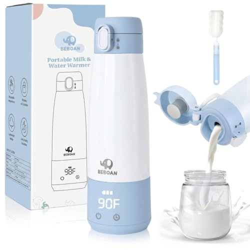 BEBOAN Tragbarer Milcherwärmer/Wasserwärmer für Unterwegs, Kabelloser Baby Muttermilch Wärmer flaschenwärmer, Intelligente Temperaturregelung mit 5 Stufen & Kindersicherung, 350ml Große Kapazität