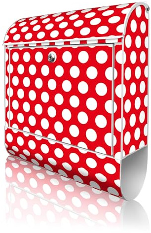 banjado Design Briefkasten 38,5x46,5x13cm & 2 Schlüssel - Briefkasten Stahl Weiß mit Zeitungsfach pulverbeschichtet - Postkasten A4 Einwurf inkl. Montagematerial - Motiv Punkte Rot