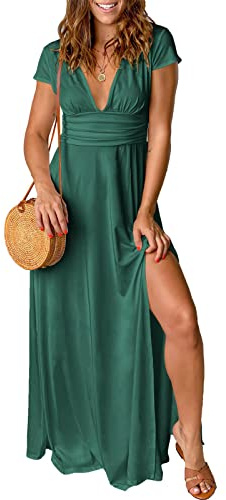 QUNERY Robe Longue Femme Ete Robe de Plage Manches Courtes Robe D'été Casual col en V Taille Haute Robe Cocktail Demoiselle d'honneur Mariage Fête Aniversaire