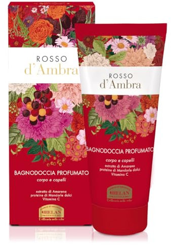 Helan, Rojo Ámbar - Champú y Baño de Burbujas Natural para Cuerpo y Cabello, Gel de Ducha Perfumado y Nutritivo con Vitamina C y Almendras Dulces, Suave Limpiador Antioxidante, Espuma de Baño 200 ml