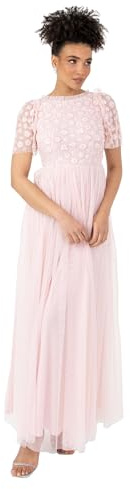 Maya Deluxe kvinnor maxiklänning rund hals kort ärm 3D blommig präglad tyll ruffle A-line bridesmaid bröllop gäst rosa 46, ROSA, 46 SE