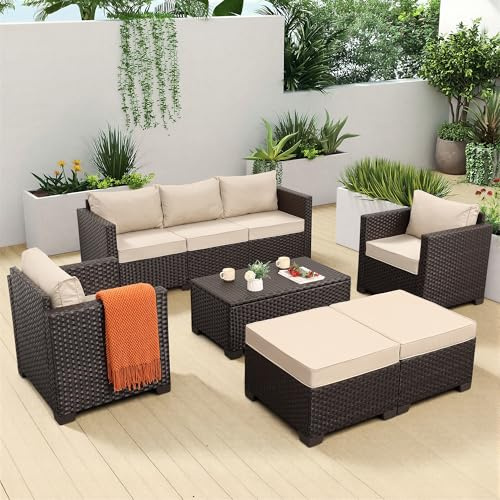 Rattan Star 6 Pieces Patio Outdoor Furniture Outdoor Conversation Sets Wicker Sofa Set with Outdoor Couch Patio Chairs Storage Coffee Table Khaki Cushions Waterproof Covers