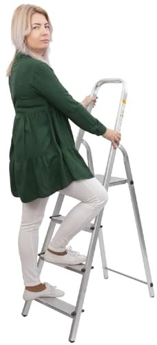 STREND PRO Trittleiter 4 Stufen Klappbar | max. 125kg | Haushaltsleiter | Stehleiter Alu für Arbeiten in Küche/Haushalt/Garage/Renovierung | Leiter 1,50m/2,78m | Aluleiter