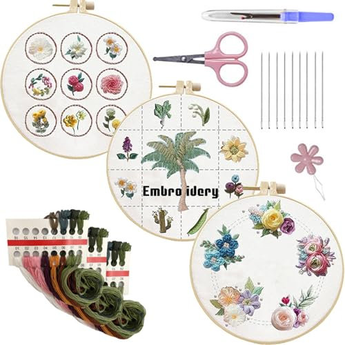 kwoifioy Nähset, Top-Stickset mit Blumenmuster, Stickrahmen, handgefertigt, Blumenstickerei, Starter-Set für Damen