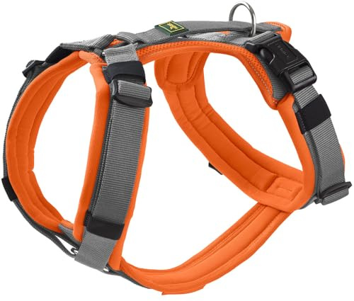Hunter Hundegeschirr Maldon UP, Farbe: orange/grau, weich gepolstert & komfortabel, stark reflektierend durch 3M Scotchlite, 4-Fach verstellbar, mit gepolstertem Griff (ab S-M), Größe: M-L