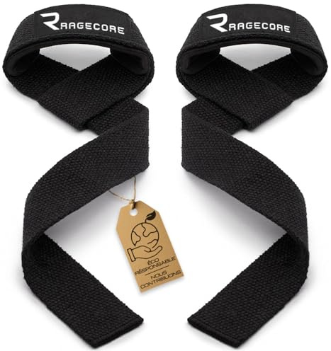 RAGECORE Sangles de Tirage Musculation (1 paire) en Coton Robuste | Lifting Straps Rembourrées Confortables | Bandes de Levage Haltérophilie | Force | Powerlifting | Crossfit | Autres Sports