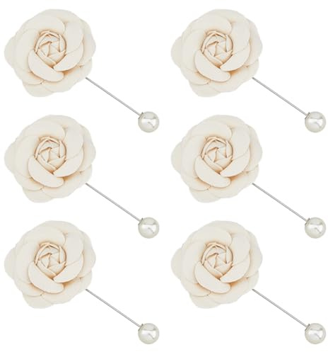 SUPERFINDINGS 6 Stück Kamelien Anstecknadeln Blumenstrauß Anstecknadeln Mit Perle Beige Tasche Boutonnieres Anstecknadel Elegante Hochzeitsbrosche Für Damen Und Herren Mantel Accessoires 9.7cm