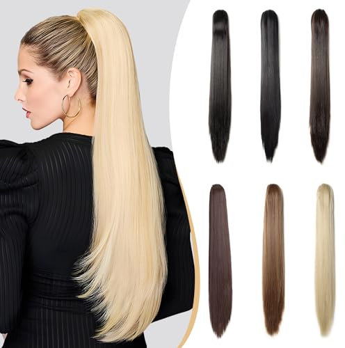 Benehair Postiche Queue de Cheval 53 Cm Longue Raides Clip Pince Ponytail Cheveux Naturel Postiche Cheveux Synthétique Ponytail Extension pour Femmes(Blond doré mélangé avec blond platine, 140g)