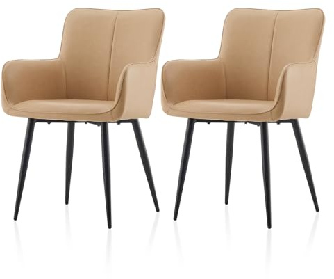 TUKAILAI Esszimmerstühle 2er-Set Kunstleder, Gepolsterter Küchenstuhl, Ergonomischer Polsterstuhl mit Armlehnen Rückenlehne Metallbeine, Sessel für Esszimmer Wohnzimmer Küche Schlafzimmer, Creme
