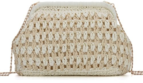 Ynport Crefreak Bolso de Mano de paja para Mujer Bolso de Playa de Verano Tejido con Correa de Cadena, Diseño Hueco para Vacaciones y Salidas Nocturnas