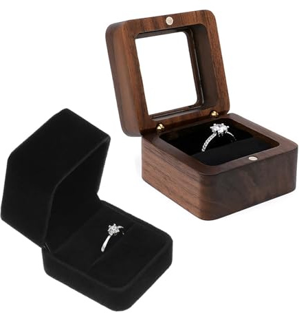 ZYEKIU 2 stycken ringlåda, alla hjärtans dag ringlåda, vintage valnöt ringlåda, sammet ringask, genomskinlig låda med fönster för bröllopsförslag (1 plats)