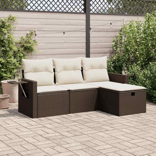 Holamys 4-TLG. Gartenmöbel-Set, Braun Poly Rattan Outdoor-Möbel für Terrasse, Balkon, Terrassenmöbel mit Kissen, modularer Terrassenset & Stauraum