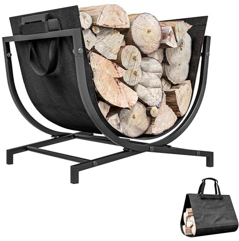 Folding Firewood Rack with Canvas Carrier, Portable Log Rack with Handles, Heavy Duty Indoor Outdoor Wood Storage Holder for Fireplace, 16.9 x 15 x 15.9, Black