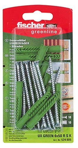 Fischer Universaldübel UX Green 6x50 R S K mit Rand, 10 x Spanplattenschraube 4,5 x 75, 524805