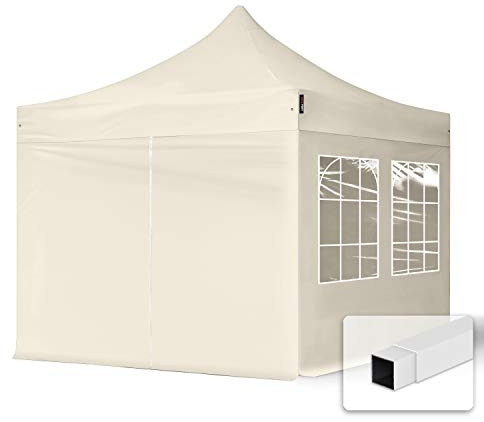 TOOLPORT Gazebo Pieghevole Giardino 3x3m - 4 Laterali (con finestre) Telo 700N Poliestere Idrorepellente Padiglione Mercati Sagre Crema